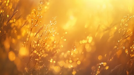 Fototapeta premium Golden morning dew creating a dreamy bokeh effect on grass illuminated by sunlight
