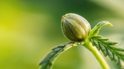 Close up macro of cannabis plant bud with lush green background showcasing natural details and space for text or branding purposes