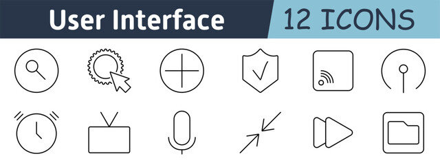 User interface set icon. Search icon, gear, crosshair, shield, signal, clock, microphone, minimize, folder, file system, secure settings, TV connectivity, and input controls