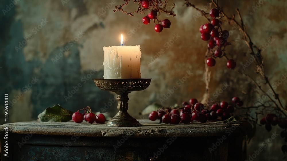 Poster elegant candle centerpiece with deep red berries on rustic wooden table creating a warm and inviting