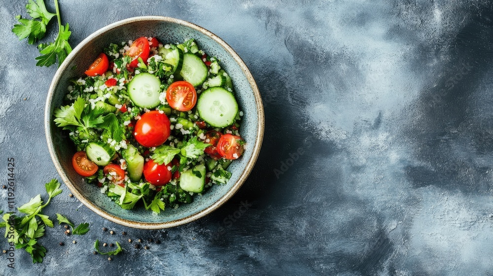 Aufkleber bowl of fresh tabbouleh salad with parsley tomatoes and cucumbers on textured background authentic m