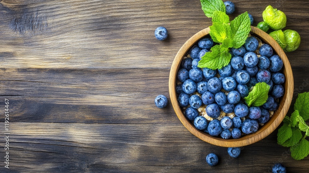 Poster bowl of fresh blueberries and mint leaves on rustic wooden table healthy breakfast concept with empt