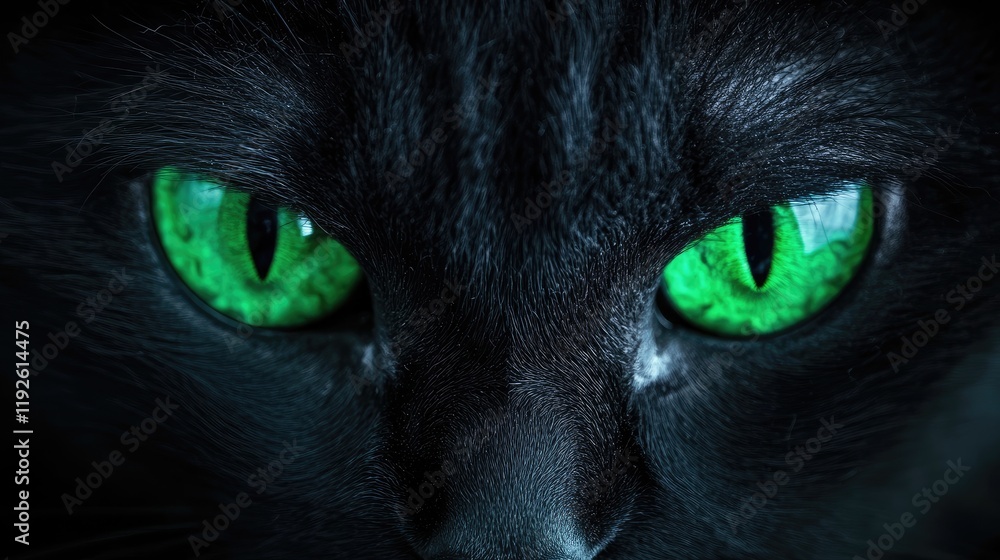 Aufkleber Close up of black cat with striking green eyes staring directly at the viewer with ample copyspace for text insertion or design purposes