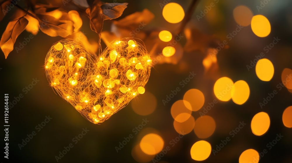 Poster Bokeh heart shape created with warm glowing lights on a branch in a dreamy atmospheric setting