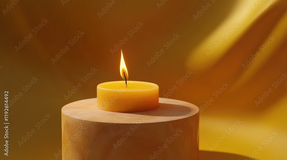 Poster yellow candle flame illuminating a round container with an abstract golden background emphasizing wa