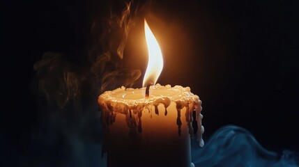 Candle flame illuminating darkness with melting wax and swirling smoke on a black background