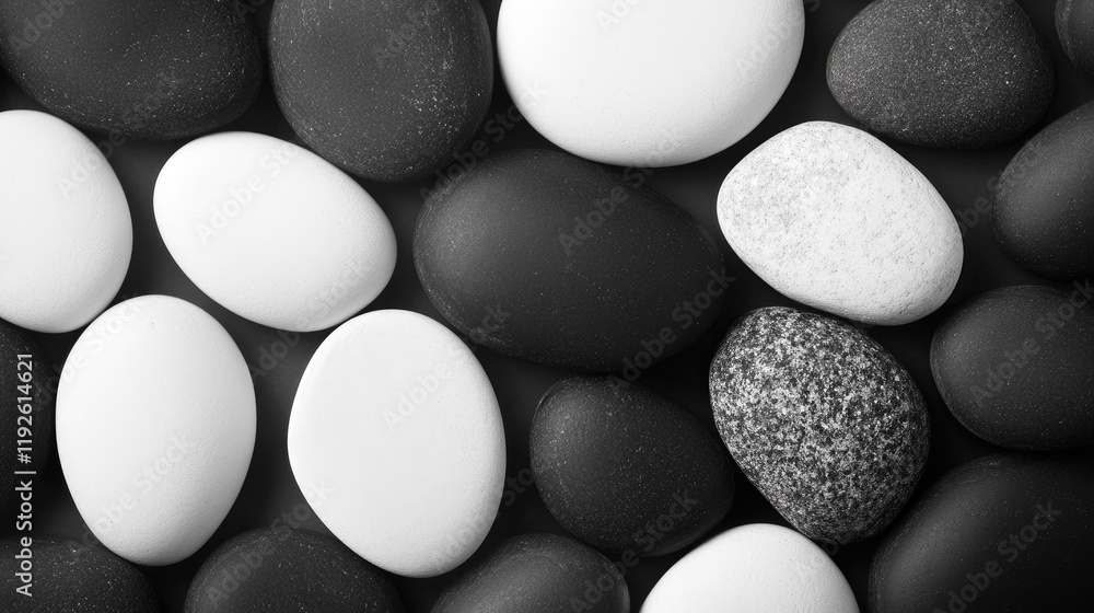 Poster Elegant arrangement of smooth black and white pebbles creating a calming natural texture background for design projects and artwork.