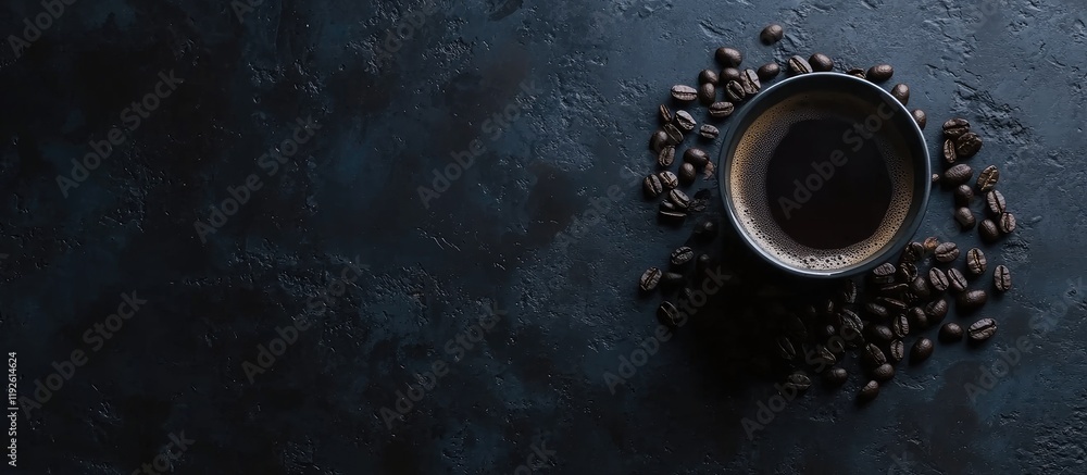 Poster black coffee cup surrounded by coffee beans on dark surface with ample empty space for customizable 