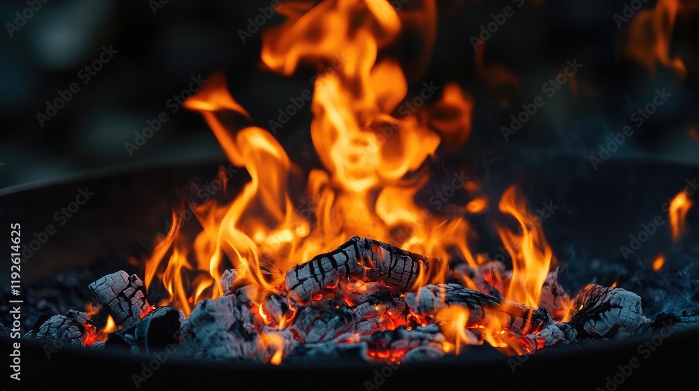 Poster vibrant flames in a fire pit creating a warm atmosphere with dark background ideal for copy space an