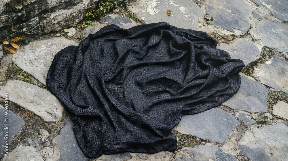 Poster Black fabric draped on textured stone floor creating a dramatic contrast and unique visual composition for design or artistic projects.