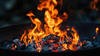 Fototapeta premium Vibrant flames in a fire pit creating a warm atmosphere with dark background ideal for copy space and text overlay