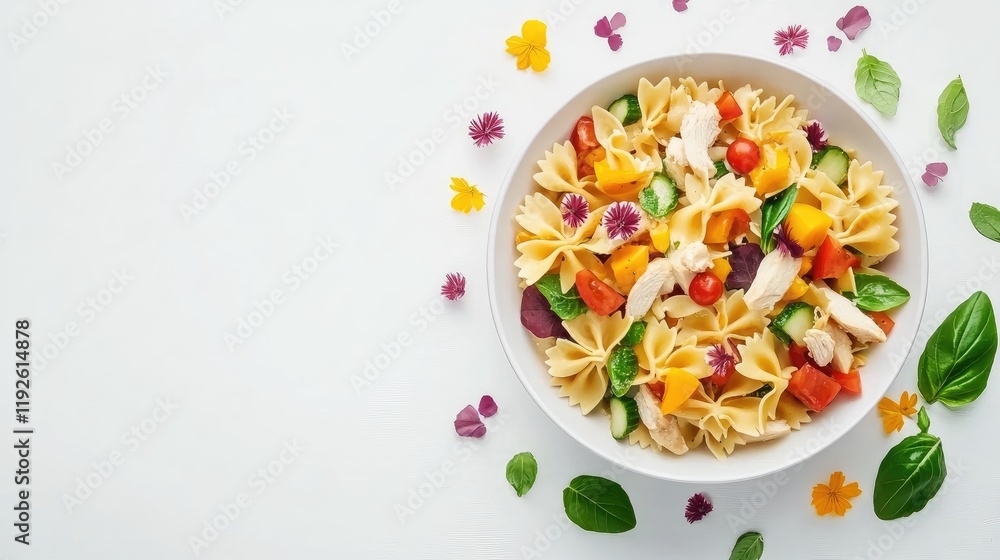 Poster bow tie pasta salad with chicken and fresh vegetables on a white background with space for text or b