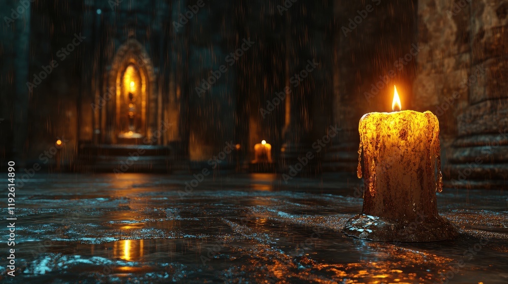 Poster lit candle in a dimly lit temple setting with wax dripping, creating a serene atmosphere for prayer 