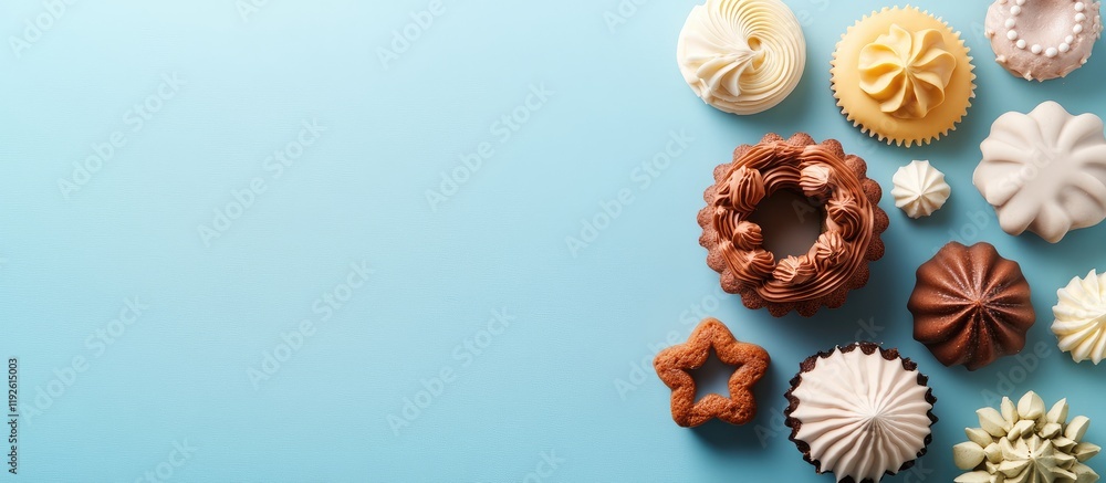 Poster variety of cake molds arranged aesthetically on a blue background with ample blank space for text or