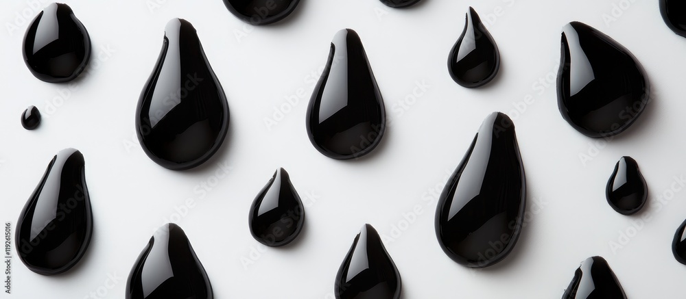 Poster black droplet shapes on white surface with negative space for text or graphics perfect for backgroun