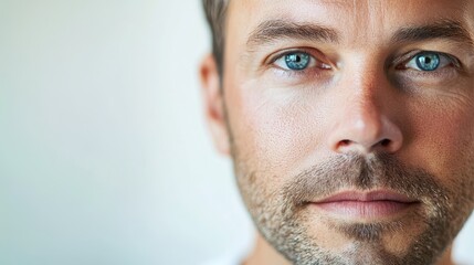 Obraz premium Close up portrait of a man with striking blue eyes and facial stubble against a soft white background showcasing natural beauty and clarity