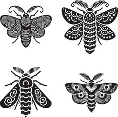 High-Quality Monochrome Vector Silhouettes of the Wool Moth Isolated on a White Background