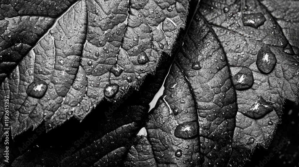 Poster black and white macro image of water droplets on textured leaves creating a dramatic natural backgro