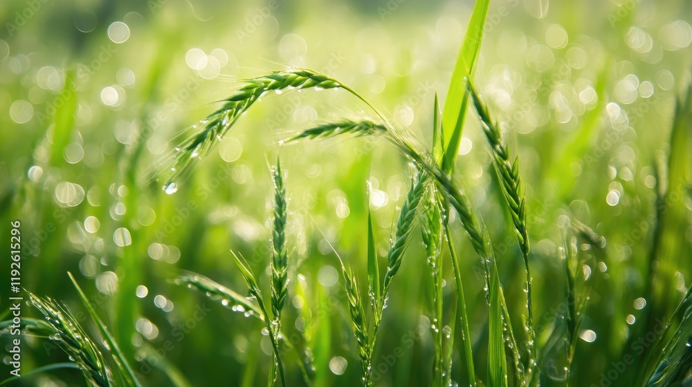 Poster lush green grass blades with water droplets and beautiful bokeh effect creating a serene nature back