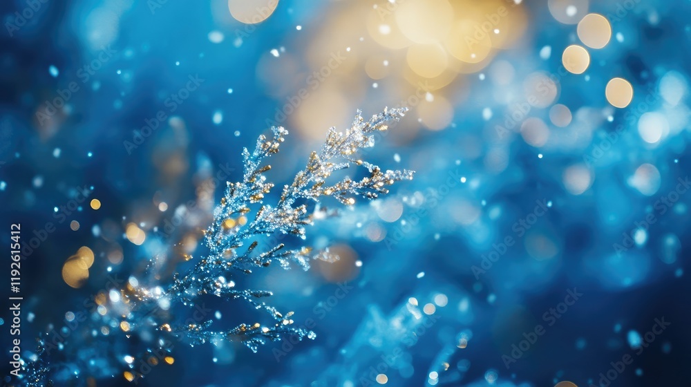 Poster macro shot of intricate snowflakes on a blue backdrop creating a winter wonderland ambiance with blu