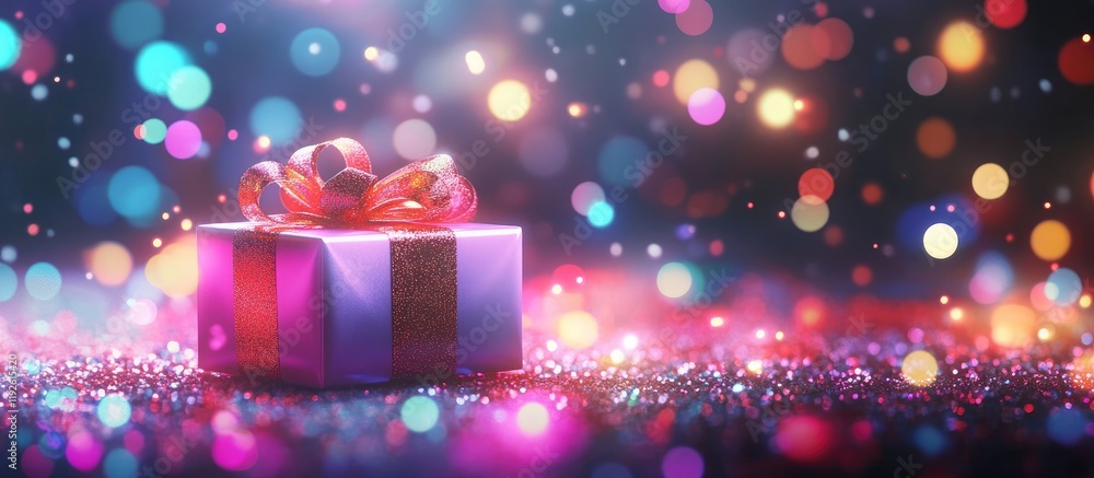 Poster cheerful gift box illuminated by vibrant bokeh lights creating a festive atmosphere with ample space