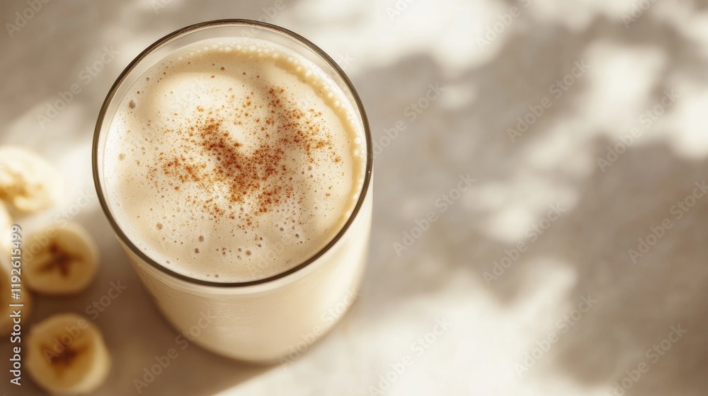 Aufkleber banana smoothie with oat milk topped with cinnamon in a glass on a light background with sliced bana