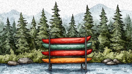 Stack of Kayaks at Lakefront with Mountain View, Watercolor Style Illustration.