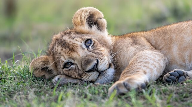 Playful young lion cub resting on lush green grass in a natural habitat, showcasing its adorable features and curious expression.
