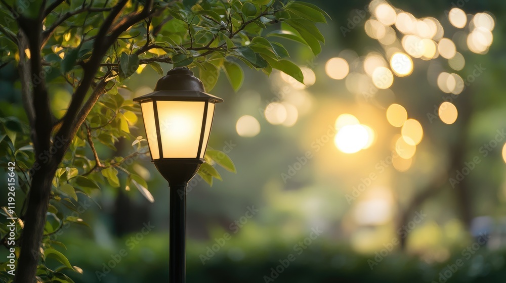 Aufkleber bokeh lights on trees with elegant lantern illuminating a serene garden at twilight