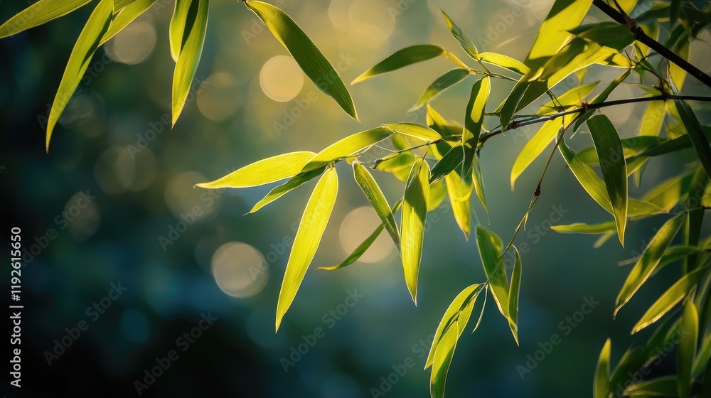 Poster Bamboo leaves illuminated by sunlight in a serene garden atmosphere with a soft bokeh background creating a peaceful winter scene