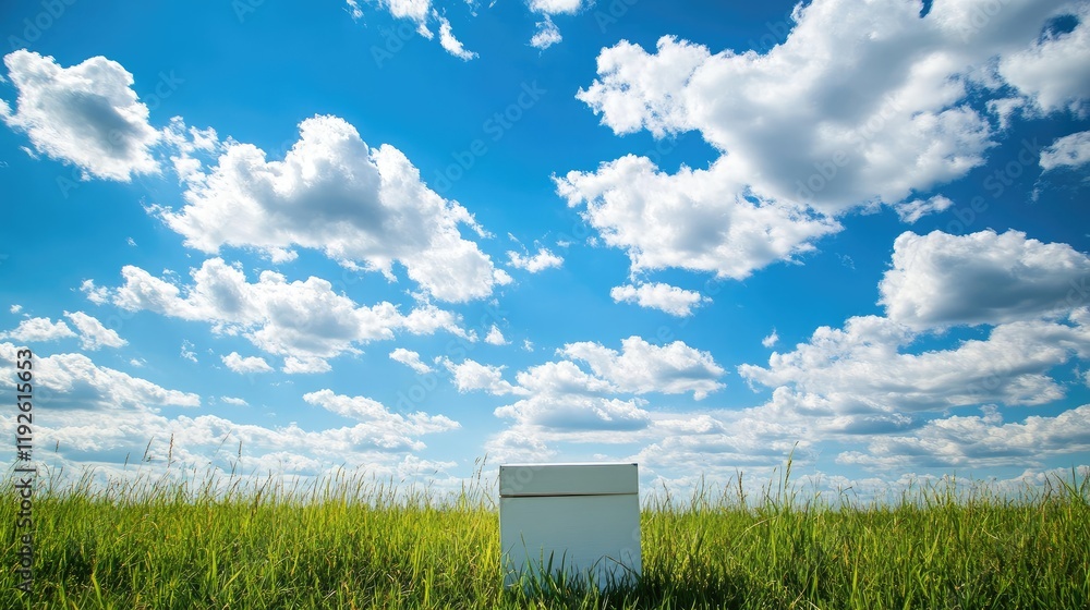 Aufkleber box in open field under bright blue sky and puffy clouds with room for text in a sunny day setting