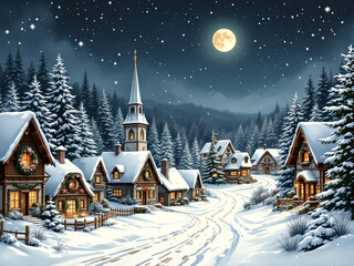 Fototapeta premium upper view, small village, Christmas evening, realistic snowy mountains, rocky snow-capped peaks, warm and cozy atmosphere, glowing sunset, detailed decorations, soft ambient lighting