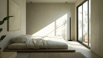 A serene minimalist bedroom featuring white plaster walls