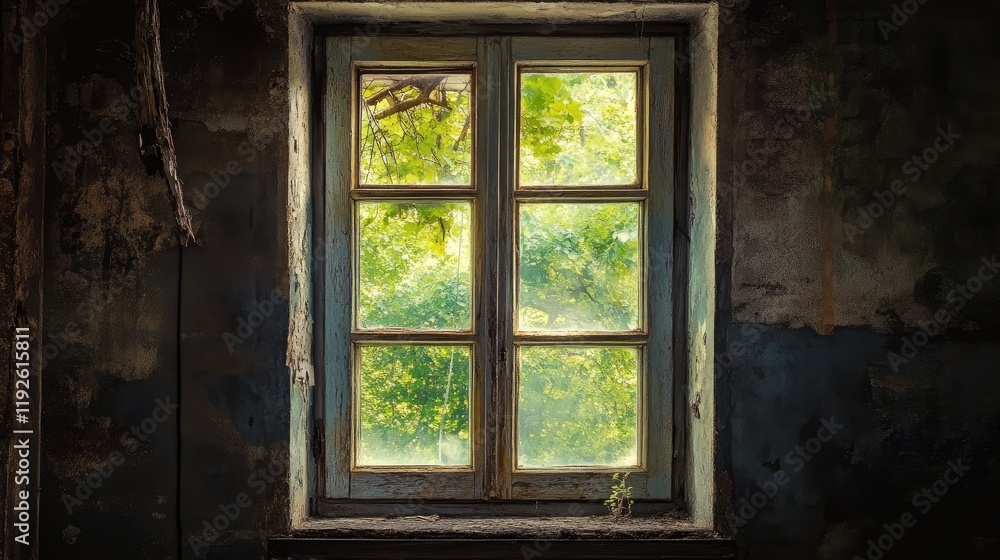 Aufkleber Charming vintage window with greenery outside showcasing rustic architecture and natural light in an abandoned setting.