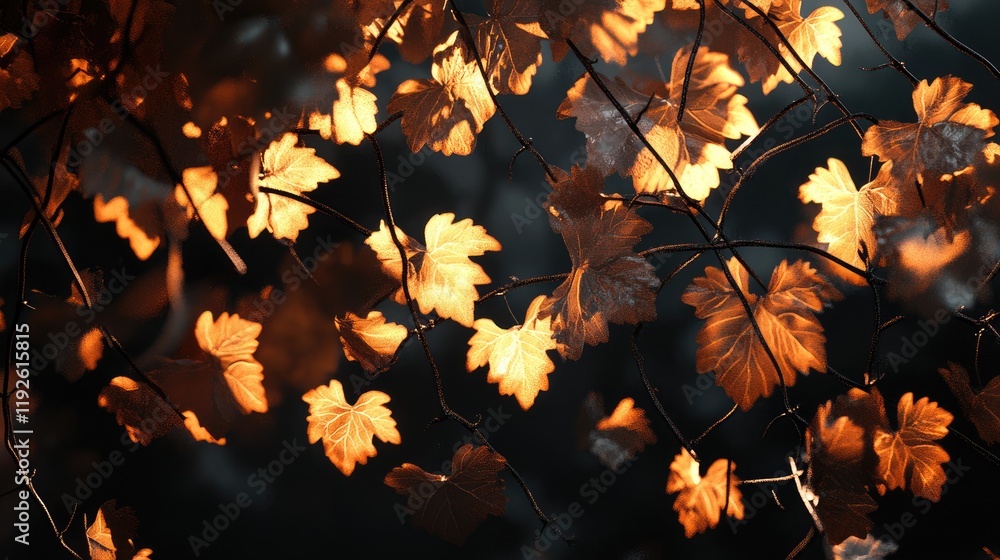 Poster Backlit grapevine leaves creating a warm and inviting atmosphere in a natural setting ideal for vineyard or wine-related themes