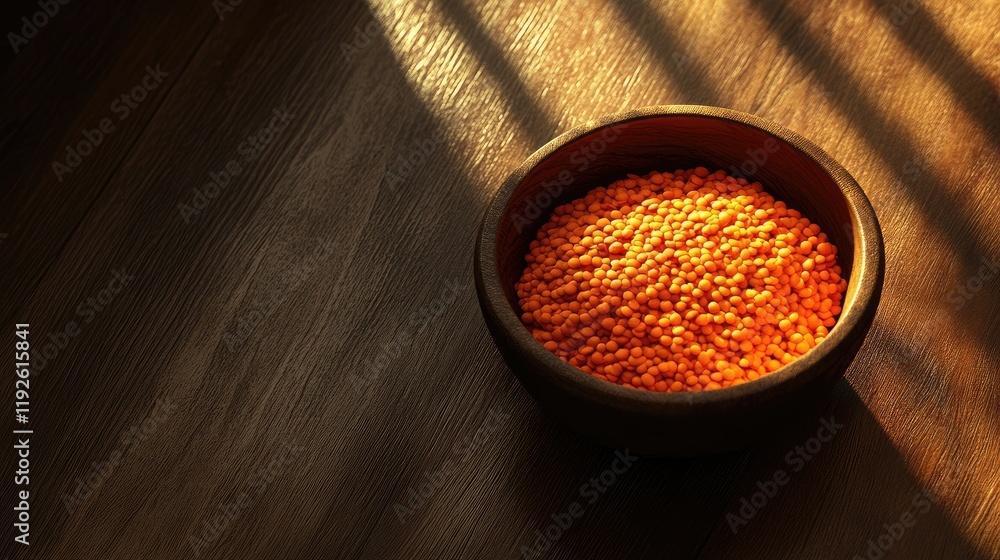 Aufkleber bowl of red lentils on wooden table highlighting nutritious vegetarian protein source in warm lighti