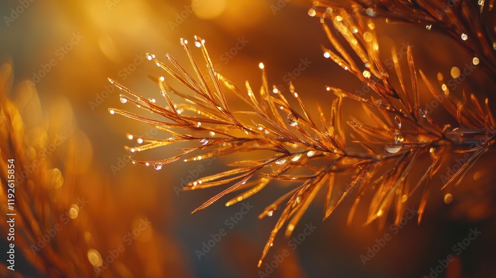Poster macro close up of golden grass illuminated by sunlight with dewdrops creating a stunning bokeh effec