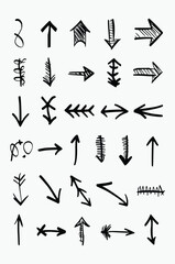 collection of hand-drawn arrow symbols. Created with simple black lines on a clean background, the arrows display a wide variety of styles. These range from standard straight arrows pointing