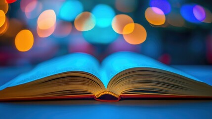 Open book with vibrant bokeh background symbolizing education and learning concept in a creative and visually appealing setting