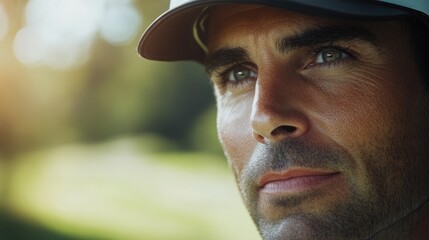 Close up portrait of a focused golfer wearing a cap with a scenic background highlighting determination and passion for the sport