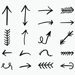 collection of hand-drawn arrow symbols. Created with simple black lines on a clean background, the arrows display a variety of styles, from standard straight arrows pointing in various directions (up,