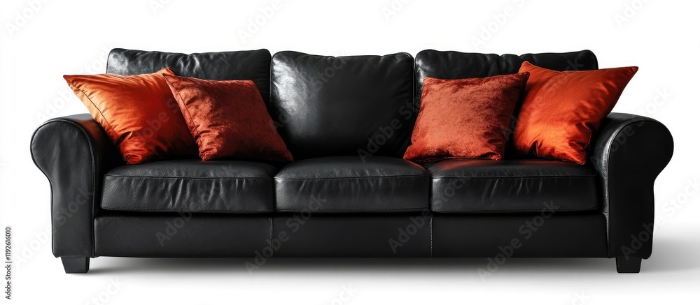Poster elegant black couch adorned with vibrant decorative pillows featuring ample copyspace for personaliz