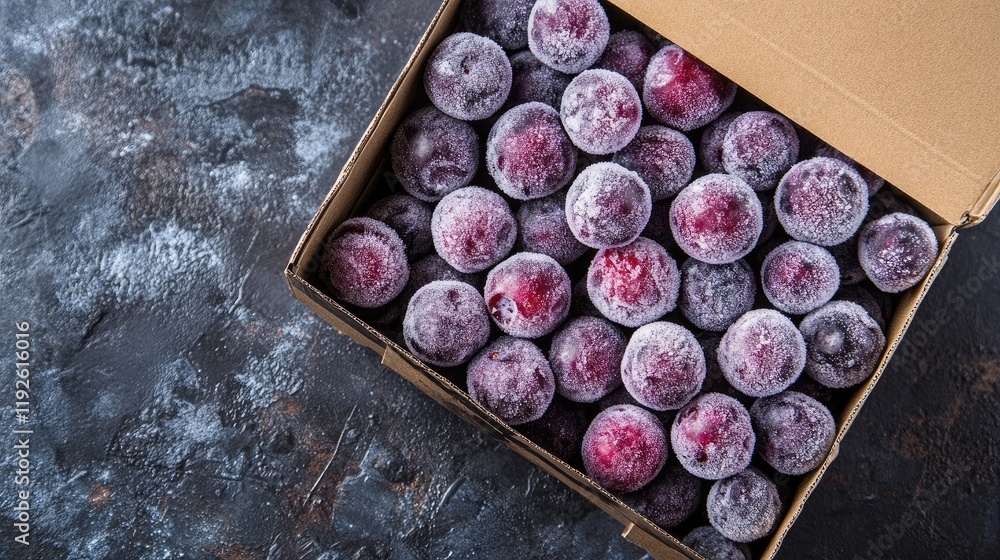 Aufkleber frozen blueberries in box on dark background with empty copy space for healthy smoothie recipe or pr