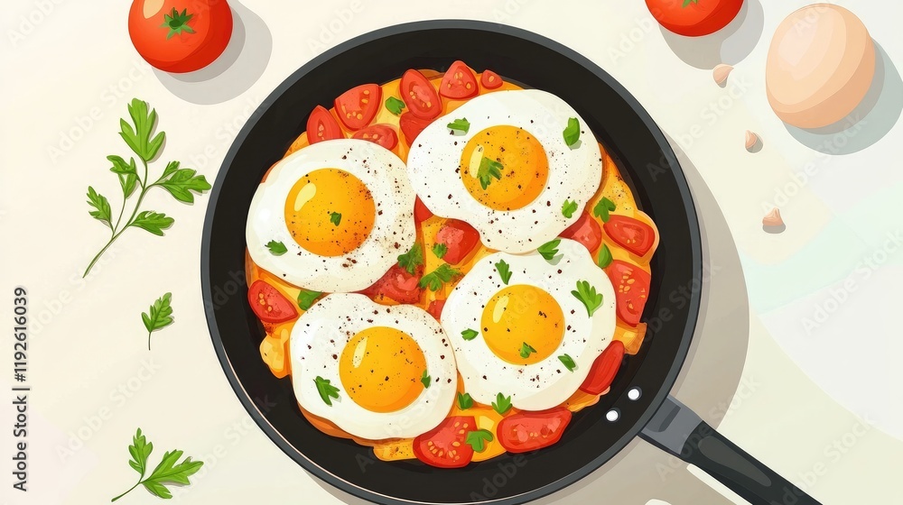 Poster mediterranean shakshuka with fried eggs and tomatoes in a pan healthy vegetarian dish top view culin