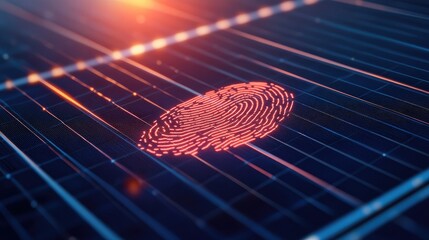 Fingerprint scan overlay on solar panel technology representing security or identification in renewable energy innovation.