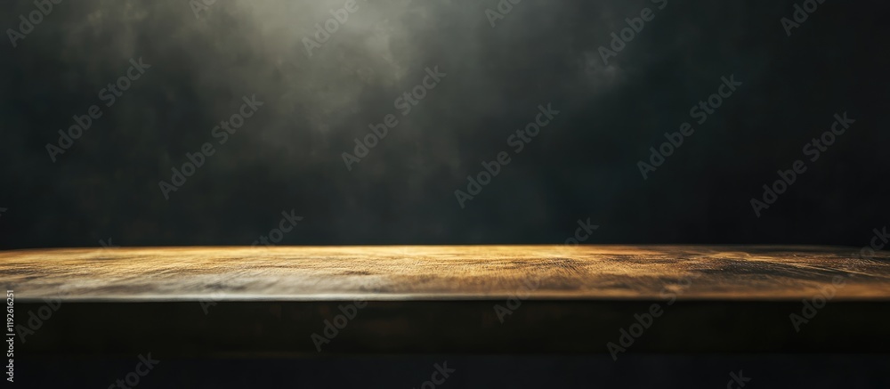 Poster close up of a dark wooden table with soft lighting creating an inviting space for text or product pl