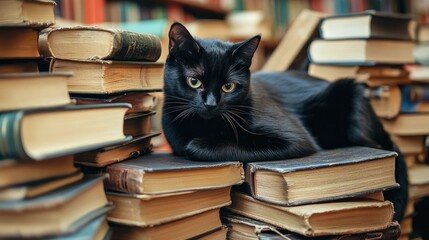 Black cat resting on antique books in a cozy library surrounded by shelves with a blank space for text or quotes