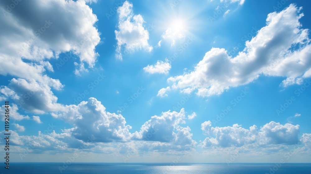 Aufkleber vibrant blue sky with fluffy clouds and sunlight reflecting on calm ocean waters ideal for creative 