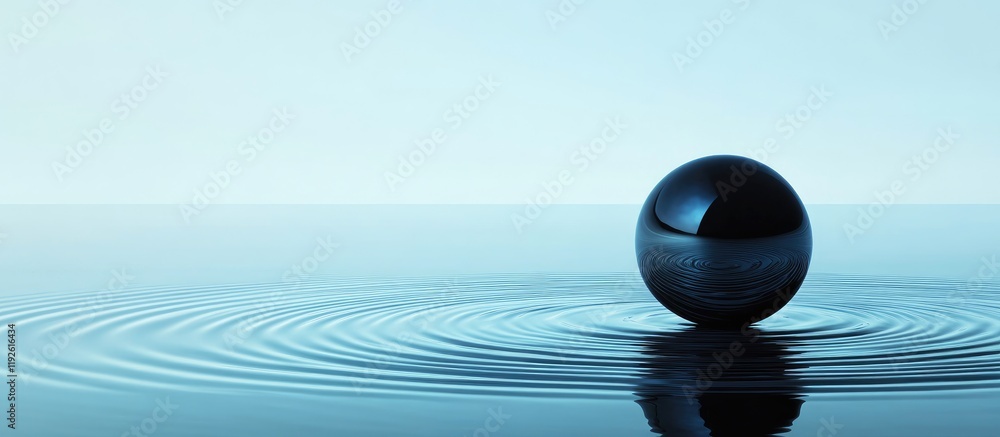 Poster black sphere hovering above tranquil blue water with gentle ripples and ample space for creative tex