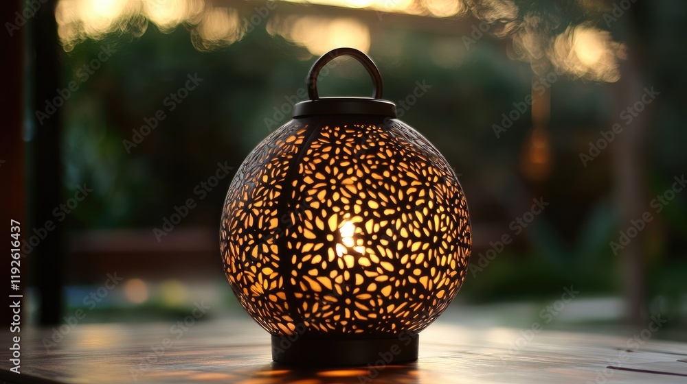 Fototapete Elegant Round Lantern with Intricate Patterns Illuminated Against a Soft Blurred Background at Dusk